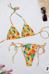 Floral Print Tie Up Bikini Two - Piece Set - Yellow